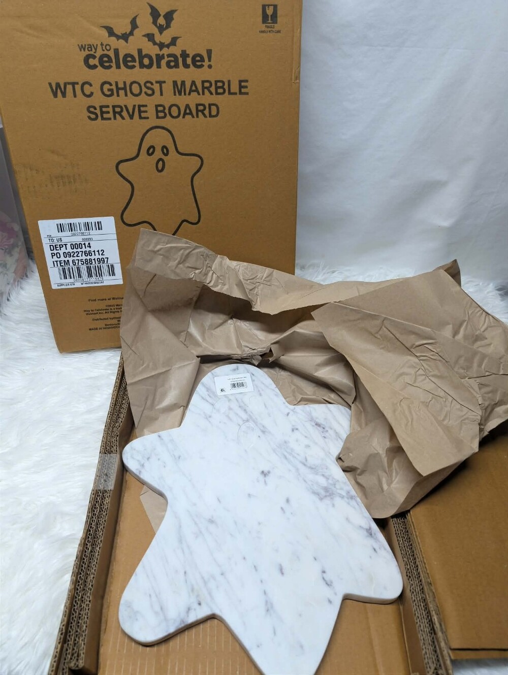 Nwt Large Marble-Look Ghost Shaped Serving Board - White with Gray Veining